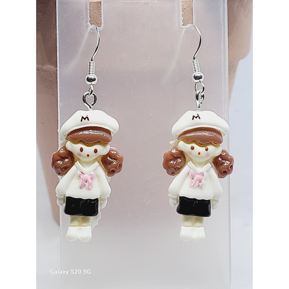 Handmade Sailor Girl Resin Drop Earrings White Beret Anime School Girl